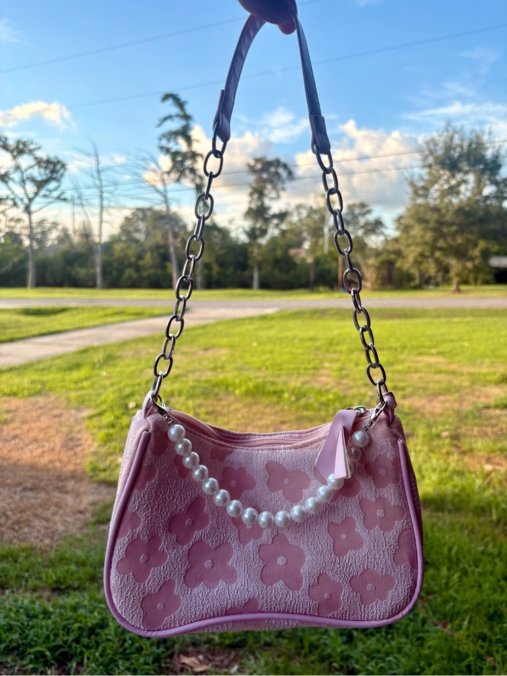 Pink Floral Pearl-Handle Shoulder Bag